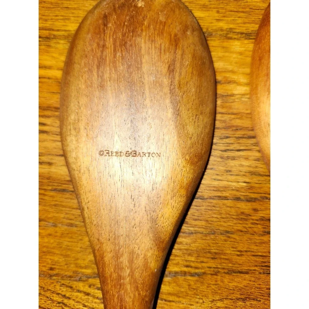 Reed & Barton Wood and Silver Tone Metal Ribbed Handle Salad Servers Set of 2
